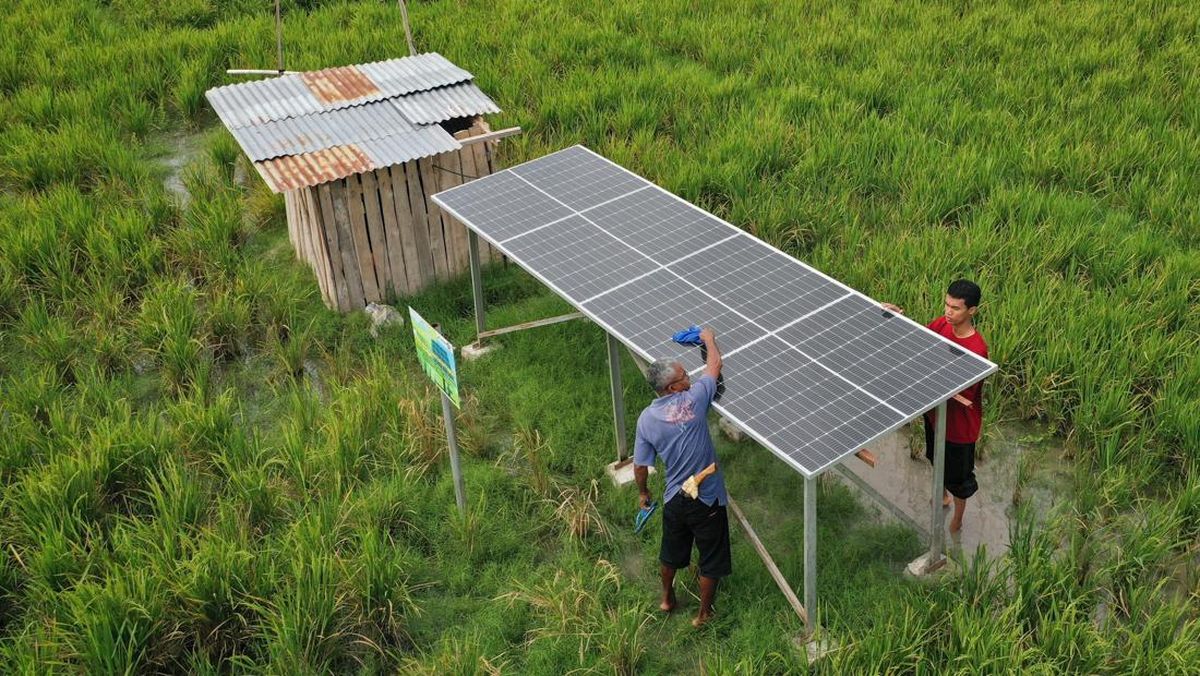 pertanian cerdas desa 2025 dengan panel surya dan sistem irigasi pintar di sawah Indonesia