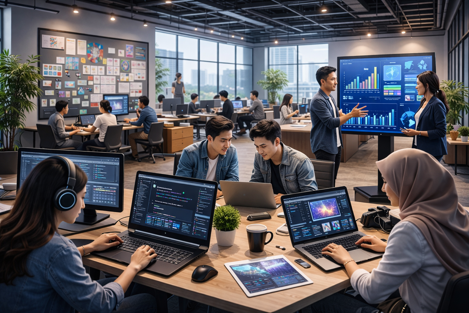 startup Indonesia 2026 dengan tim teknologi bekerja di kantor startup modern