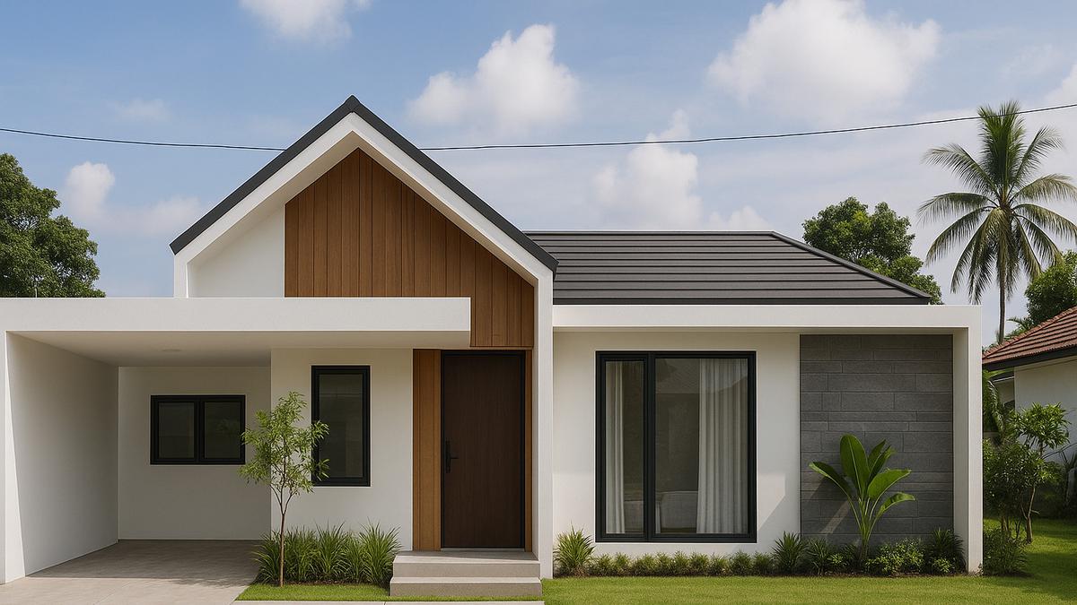 Ilustrasi rumah minimalis modern Indonesia 2026 dengan desain sederhana, taman kecil, dan konsep hunian nyaman